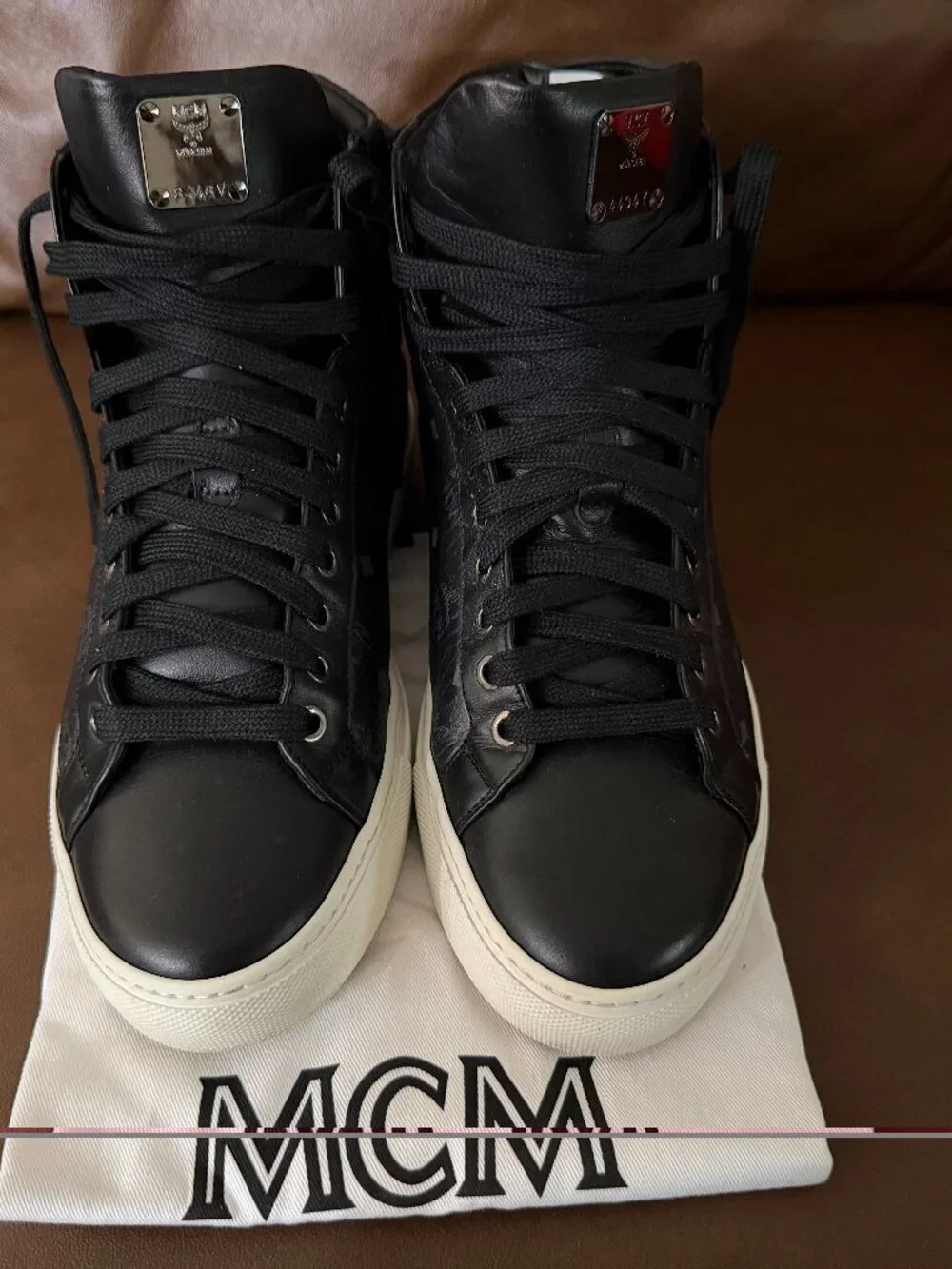 MCM Black Visetos High-Top Leather Sneakers - AUTHENTIC